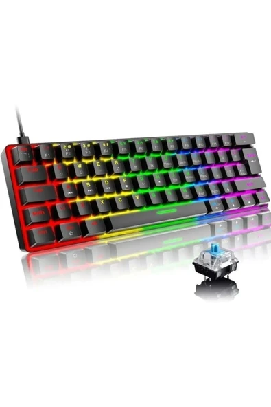 DEANB 62Tuş Mekanik Mini Oyun Klavyesi Uyumlu 19 RGB Rainbow LED'Li Aydınlatmalı Taşınabilir  KLAVYE ürün görseli 1