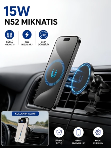 DEANB Fhd14 360c Wireless Kablosuz 15w Şarj Mıknatıslı Tutacak Havalandırma Için Araç Içi Telefon Tutucu ürün görseli 1