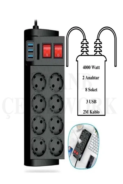 çelikwork inspiring technology F-T-8 4000Watt Akım Korumalı 2Anahtar 3 Usb'li Çocuk Korumalı 2M Kablolu 8li Priz ürün görseli 1