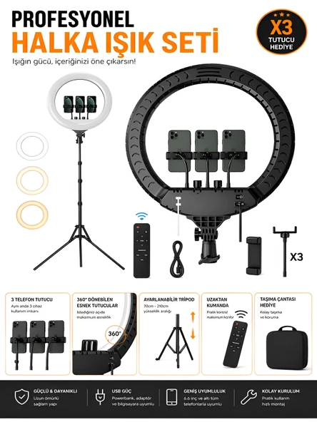DEANB  6000k 80w 2usb 360c Dönen 56cm Çantalı Stüdyo Fotoğraf Video Kumandalı Led Halka Çekim Işık ürün görseli 1