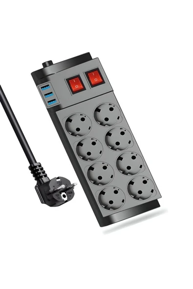 ÇELİKWORK Ftr008 4000watt 16a Akım Korumalı 2 Anahtarlı Priz 8'li Priz 3'usb 2metre Kablo Çoklayıcı ürün görseli 1