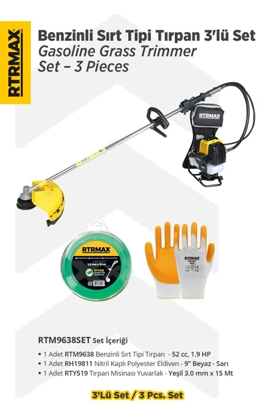 RTM9638 Benzinli Sırt Tipi Tırpan 52 Cc 1.9 Hp - (Tırpan Bıçağı, Misina Başlığı, Hediyeli) ürün görseli 1
