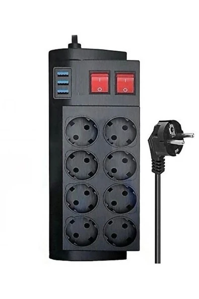 ÇELİKWORK FTR-08 4000W 16A Akım Korumalı 2 Anahtarlı 8'li Priz, 3 USB Portlu, 2 Metre Kablolu Çoklayıcı ürün görseli 1