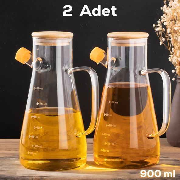 Porsima 401275 2'li Alisa Bambu Kapaklı Borosilikat Ölçekli Cam Yağlık Silikon Tabanlı Dereceli Yağdanlık 900 mL ürün görseli 1