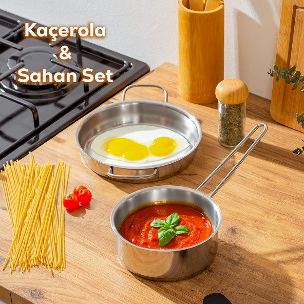 Porsima Paslanmaz Çelik Kaçerola ve Sahan Seti - Yumurta Sahan ve Sos Tavası 14-18 cm ürün görseli 1