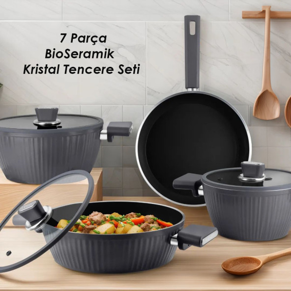 Lines L-5090 İndüksiyon Taban BioSeramik Kristal 7 Parça Tencere Seti - Gri ürün görseli 1