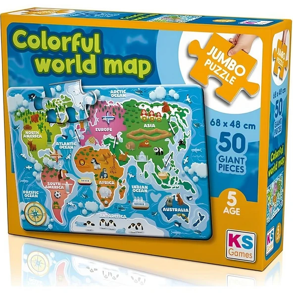 YUMURCAK TOYZ KS Games Colorful World Map 50 Parça Puzzle Kız Erkek Çocuk Oyuncak Eğitici Oyuncaklar ürün görseli 1