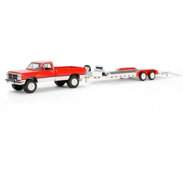 YUMURCAK TOYZ Greenlight 1/64 Hitch & Tow Series 31 - 1991 Dodge Ram Power Ram 250 with Heavy Duty Car Hauler Kız ürün görseli 1