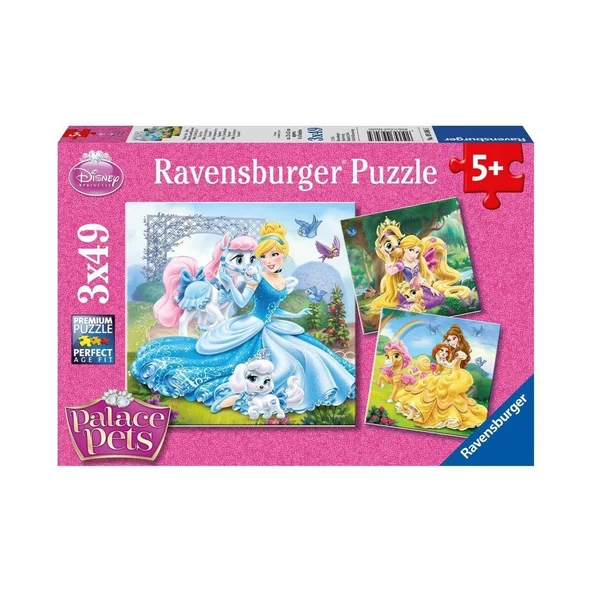 OMZ 93465 Palace Pets Belle, Cinderella, Rapunzel 3x49 parça Ravensburger Puzzle Kız Erkek Çocuk Oyuncak ürün görseli 1