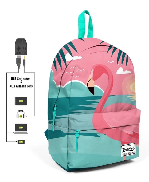 Coral High Yeşil Pembe Flamingo Desenli Sırt Çantası - Okul ve Günlük - USB+AUX Soketli ürün görseli 1
