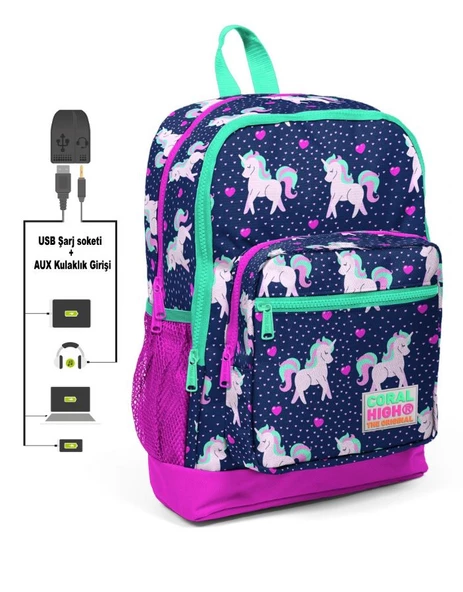 Coral High Kids Dört Gözlü Kız Çocuk İlkokul Çantası - Kuğu Desenli - USB+AUX Soketli ürün görseli 1