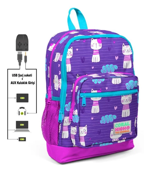 Coral High Kids Dört Gözlü Kız Çocuk İlkokul Çantası - Kedi Baskılı - USB+AUX Soketli ürün görseli 1