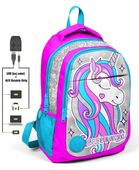 Coral High Pembe Unicorn İlk ve Ortaokul Sırt Çantası - USB ve AUX Çıkışlı ürün görseli 1