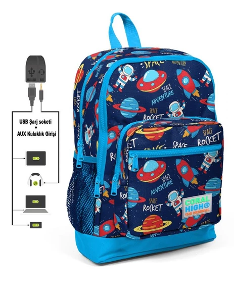 Coral High Kids Dört Gözlü Erkek Çocuk İlkokul Çantası - Uzay Macerası Desenli - USB+AUX Soketli ürün görseli 1