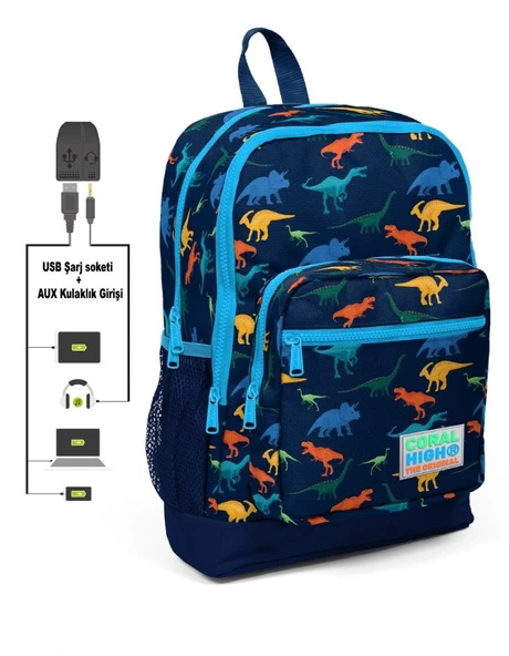 Coral High Kids Dört Gözlü Erkek Çocuk İlkokul Çantası - Dinazor Desenli - USB+AUX Soketli ürün görseli 1