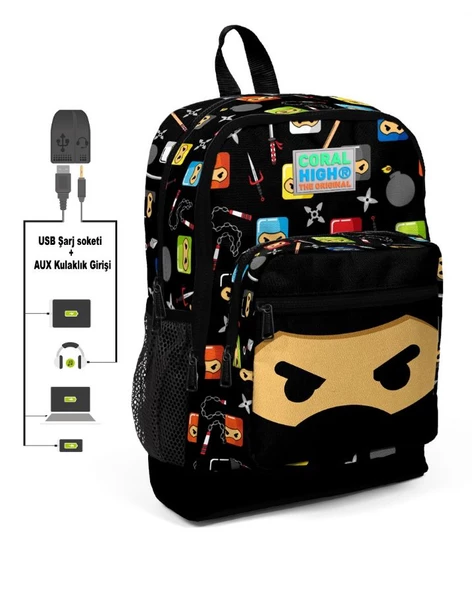 Coral High Kids Dört Gözlü Erkek Çocuk İlkokul Çantası - Ninja Baskılı - USB+AUX Soketli ürün görseli 1
