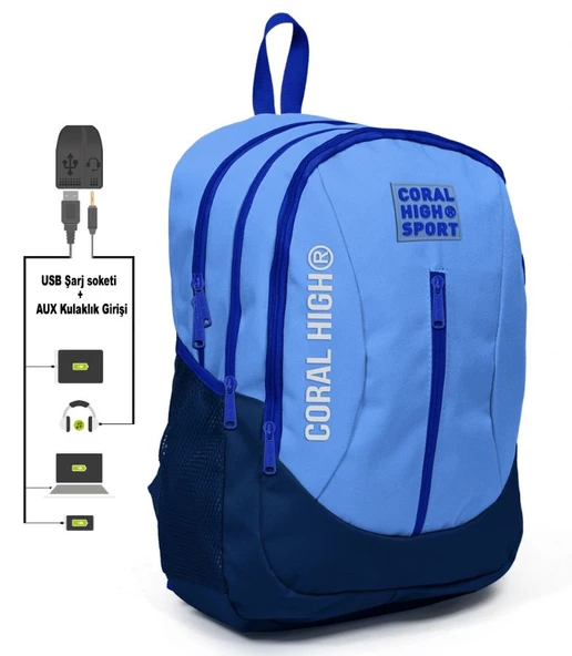 Coral High Sport Mavi Okul ve Günlük Sırt Çantası - USB ve AUX Çıkışlı ürün görseli 1