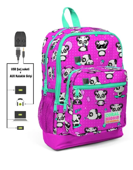 Coral High Kids Dört Gözlü Kız Çocuk İlkokul Çantası - Panda Desenli - USB+AUX Soketli ürün görseli 1