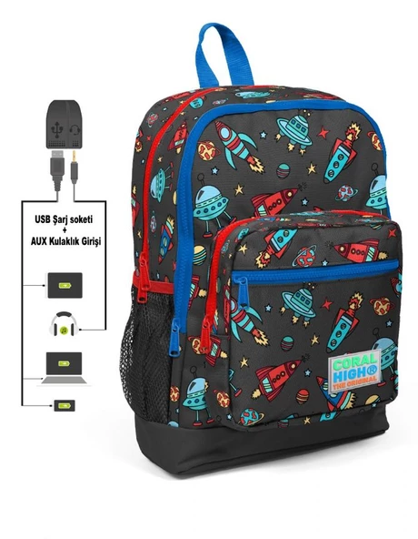 Coral High Kids Dört Gözlü Erkek Çocuk İlkokul Çantası - Gezegen ve Uzay Desenli - USB+AUX Soketli ürün görseli 1