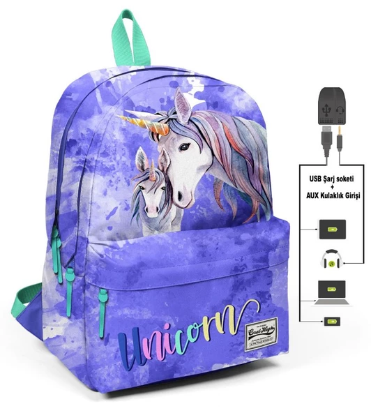 Coral High Mavi Unicornlar Üç Gözlü Okul ve Günlük Sırt Çantası - USB+AUX Soketli ürün görseli 1