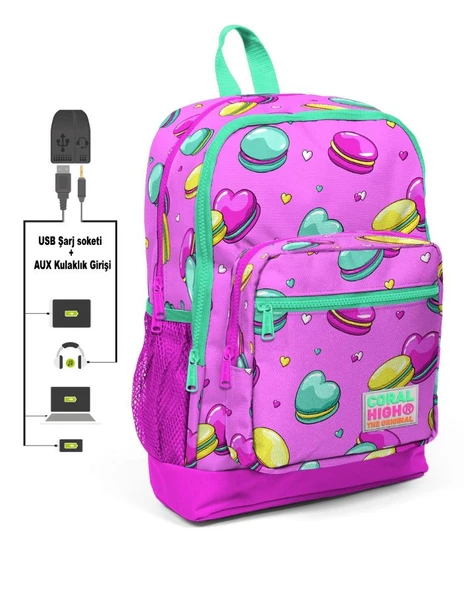 Coral High Kids Dört Gözlü Kız Çocuk İlkokul Çantası - Makaron Basklı - USB+AUX Soketli ürün görseli 1
