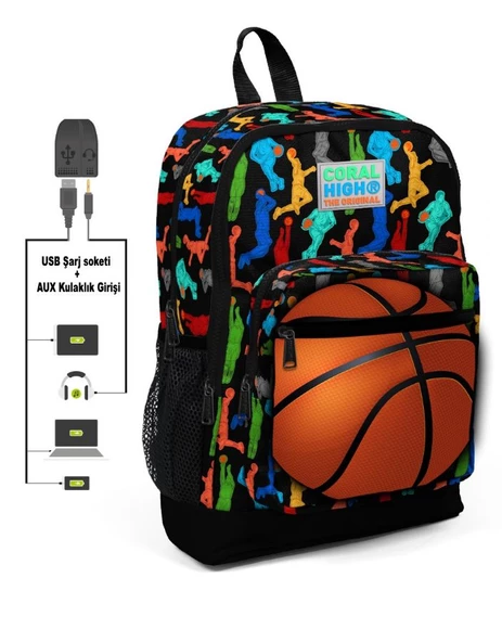 Coral High Kids Dört Gözlü Erkek Çocuk İlkokul Çantası - Basketbolcu- USB+AUX Soketli ürün görseli 1