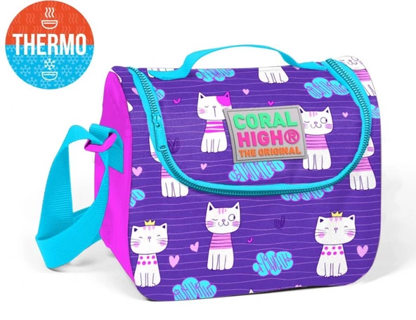 Coral High Mor Kedi Desenli Termoslu Beslenme Çantası - Kız Çocuk ürün görseli 1