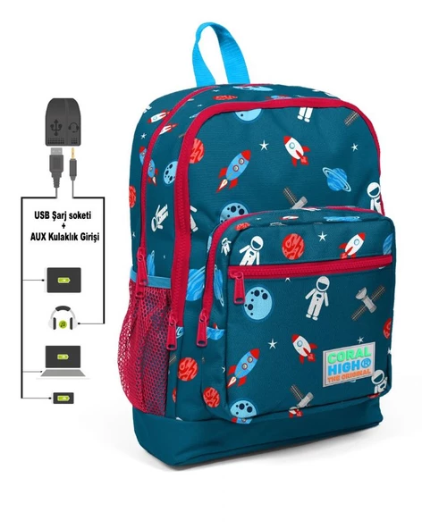 Coral High Kids Dört Gözlü Erkek Çocuk İlkokul Çantası - Astronot Baskılı - USB+AUX Soketli ürün görseli 1
