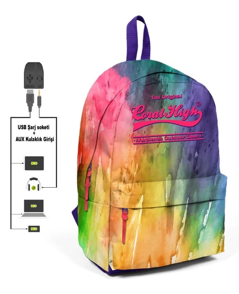 Coral High Gökkuşağı Desenli Sırt Çantası - Okul ve Günlük - USB+AUX Soketli ürün görseli 1