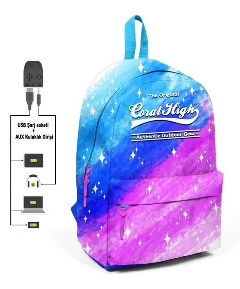 Coral High Saks Mavi ve Pembe Desenli Sırt Çantası - Okul ve Günlük - USB+AUX Soketli ürün görseli 1