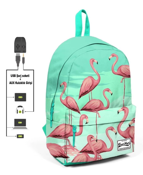 Coral High Yeşil Flamingo Desenli Sırt Çantası - Okul ve Günlük - USB+AUX Soketli ürün görseli 1