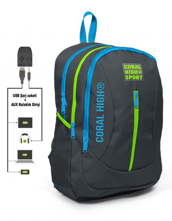 Coral High Sport Mavi-Gri Okul ve Günlük Sırt Çantası - USB ve AUX Çıkışlı ürün görseli 1