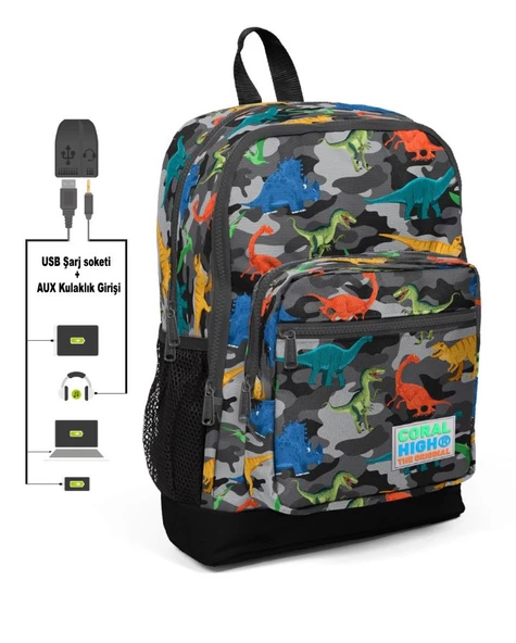 Coral High Kids Dört Gözlü Erkek Çocuk İlkokul Çantası - Dinazor Kamuflaj Desenli- USB+AUX Soketli ürün görseli 1