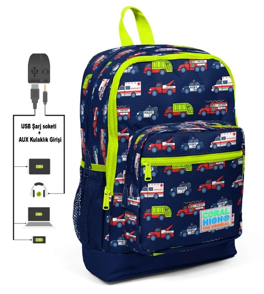 Coral High Kids Dört Gözlü Erkek Çocuk İlkokul Çantası - Yardımcı Arabalar Baskılı - USB+AUX Soketli ürün görseli 1