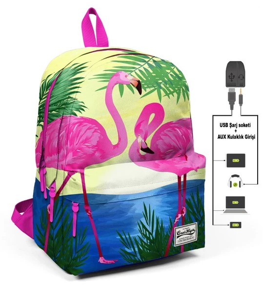 Coral High Flamingo Aşkı Üç Gözlü Okul ve Günlük Sırt Çantası - USB+AUX Soketli ürün görseli 1