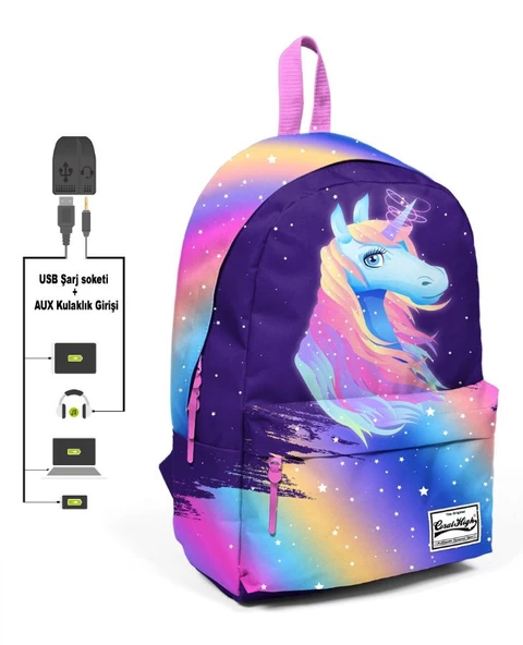 Coral High Renkli Unicorn Desenli Sırt Çantası - Okul ve Günlük - USB+AUX Soketli ürün görseli 1
