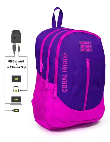 Coral High Sport Pembe-Mor Okul ve Günlük Sırt Çantası - USB ve AUX Çıkışlı ürün görseli 1