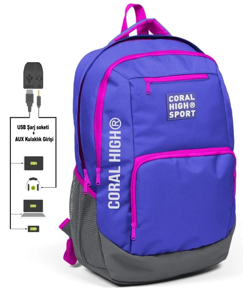 Coral High Sport Mavi-Pembe Laptop Bölmeli Sırt Çantası - USB Çıkışlı ürün görseli 1