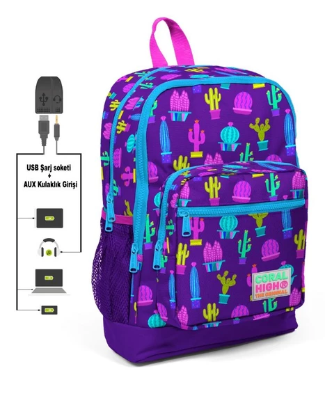 Coral High Kids Dört Gözlü Kız Çocuk İlkokul Çantası - Kaktüs Desenli - USB+AUX Soketli ürün görseli 1