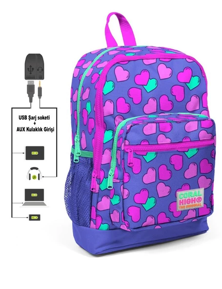 Coral High Kids Dört Gözlü Kız Çocuk İlkokul Çantası - Kalpler Baskılı - USB+AUX Soketli ürün görseli 1