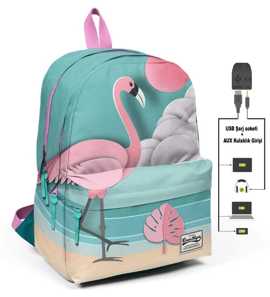 Coral High Yeşil Flamingolu Üç Gözlü Okul ve Günlük Sırt Çantası - USB+AUX Soketli ürün görseli 1