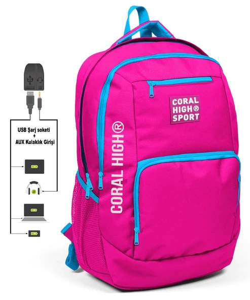 Coral High Sport Pembe-Mavi Laptop Bölmeli Sırt Çantası - USB Çıkışlı ürün görseli 1
