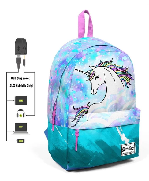 Coral High Mavi Yeşil Unicorn Desenli Sırt Çantası - Okul ve Günlük - USB+AUX Soketli ürün görseli 1