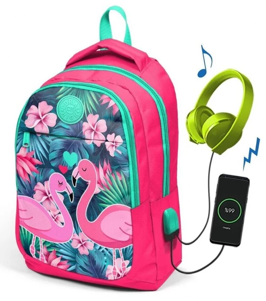 Coral High Kids Flamingolar İlk ve Ortaokul Sırt Çantası - USB ve AUX Çıkışlı ürün görseli 1