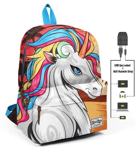 Coral High Üç Bölmeli Büyük Unicorn Okul ve Günlük Sırt Çantası - USB+AUX ürün görseli 1