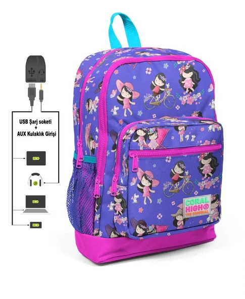Coral High Kids Dört Gözlü Kız Çocuk İlkokul Çantası - Bisikletle Gezinti - USB+AUX Soketli ürün görseli 1