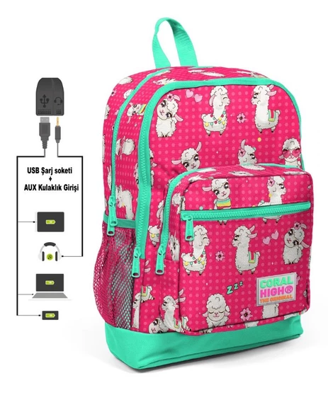 Coral High Kids Dört Gözlü Kız Çocuk İlkokul Çantası - Lama Desenli - USB+AUX Soketli ürün görseli 1