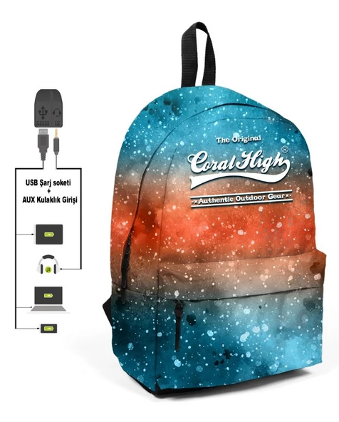 Coral High Galaksi Desenli Sırt Çantası - Okul ve Günlük - USB+AUX Soketli ürün görseli 1