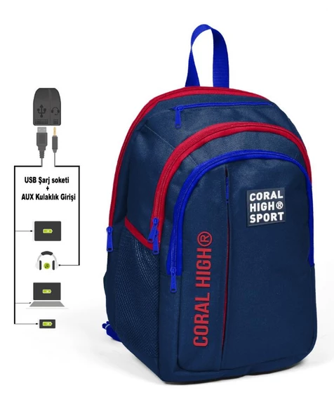 Coral High Sport Beş Gözlü Lacivert Okul ve Günlük Sırt Çantası - Laptop+Tablet Bölmeli ürün görseli 1