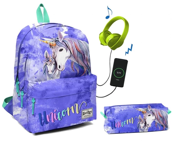 Coral High Üç Bölmeli Ortaokul ve Lise Okul Çantası Seti - Mavi Unicornlar ürün görseli 1